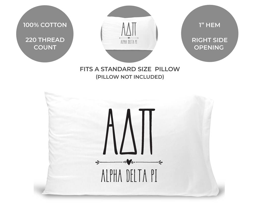 Alpha Delta Pi sorority letters and name custom printed on cotton pillowcase