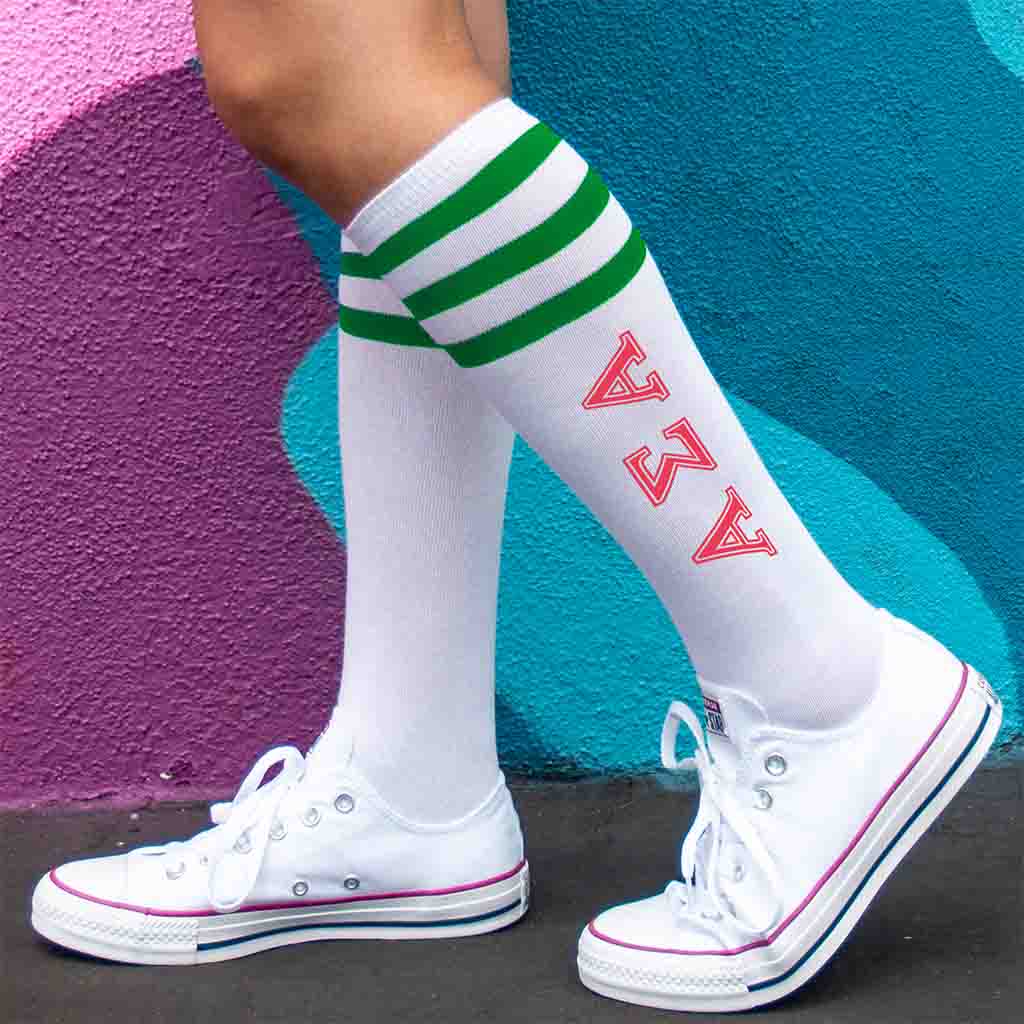 Alpha Sigma Alpha sorority digitally printed in pink on green striped knee high socks
