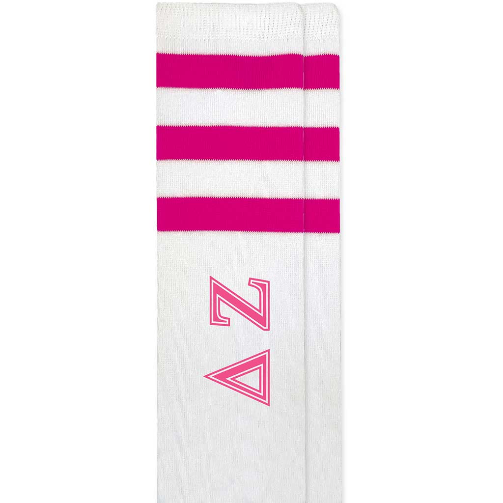 Delta Zeta sorority letters custom printed on fuchsia striped knee high socks