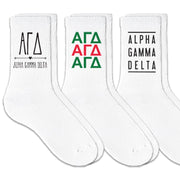 Alpha Gamma Delta best selling sorority crew socks with sorority name and Greek letters sold as a 3 pair sock bundle