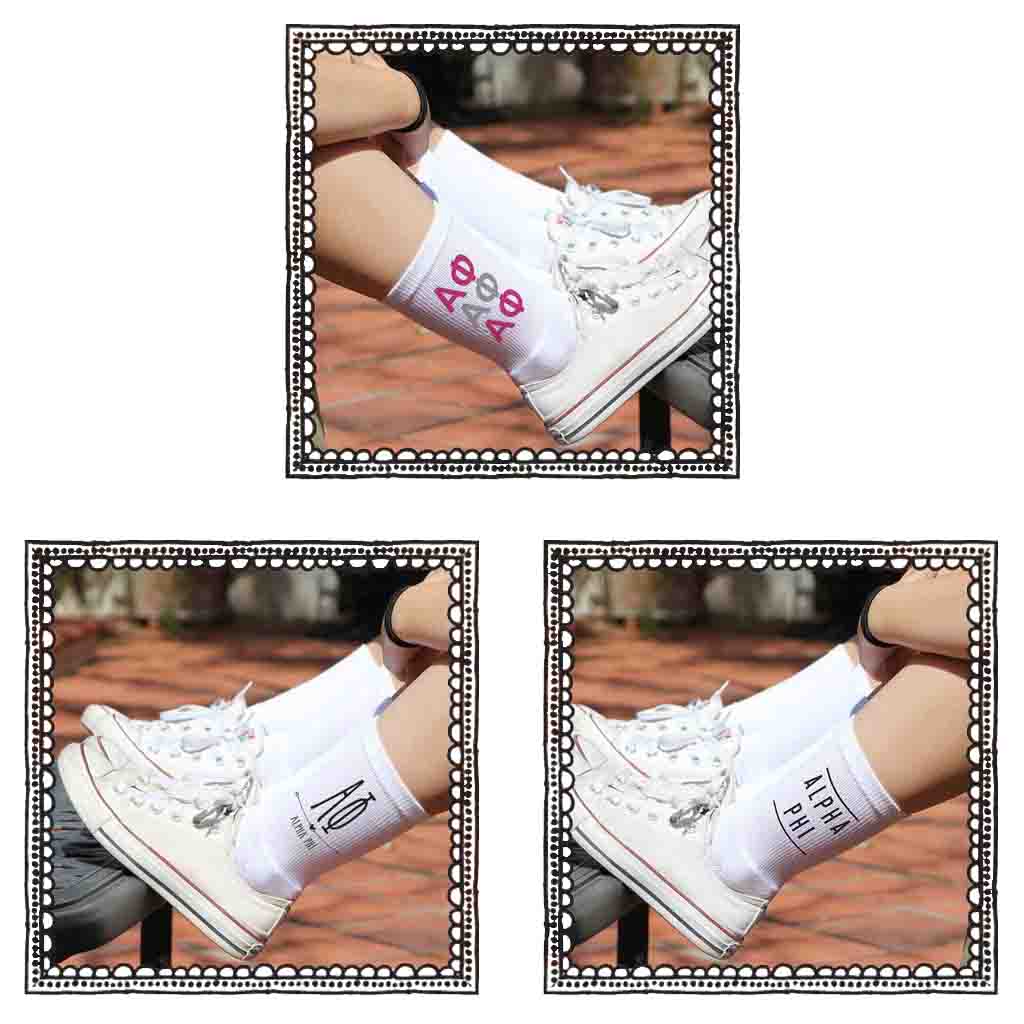 Alpha Phi sorority crew socks are perfect for a sorority bid day gift set