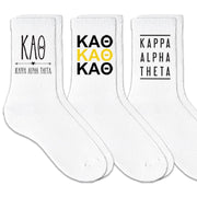 Kappa Alpha Theta best selling sorority crew socks with sorority name and Greek letters sold as a 3 pair sock bundle