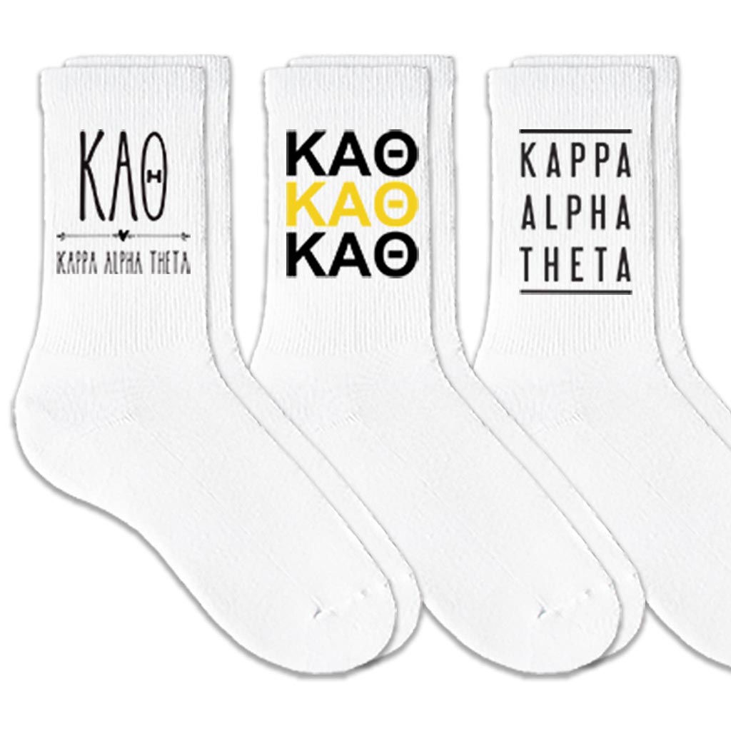 Kappa Alpha Theta best selling sorority crew socks with sorority name and Greek letters sold as a 3 pair sock bundle