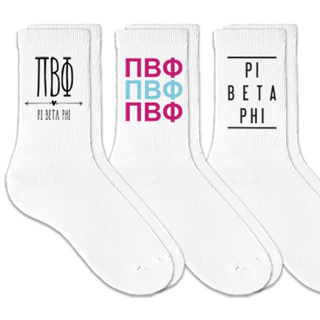 Pi Beta Phi best selling sorority crew socks with sorority name and Greek letters sold as a 3 pair sock bundle