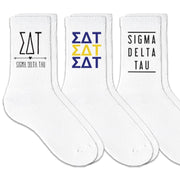 Sigma Delta Tau best selling sorority crew socks with sorority name and Greek letters sold as a 3 pair sock bundle