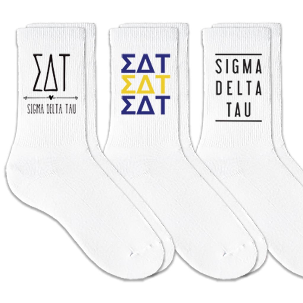Sigma Delta Tau best selling sorority crew socks with sorority name and Greek letters sold as a 3 pair sock bundle
