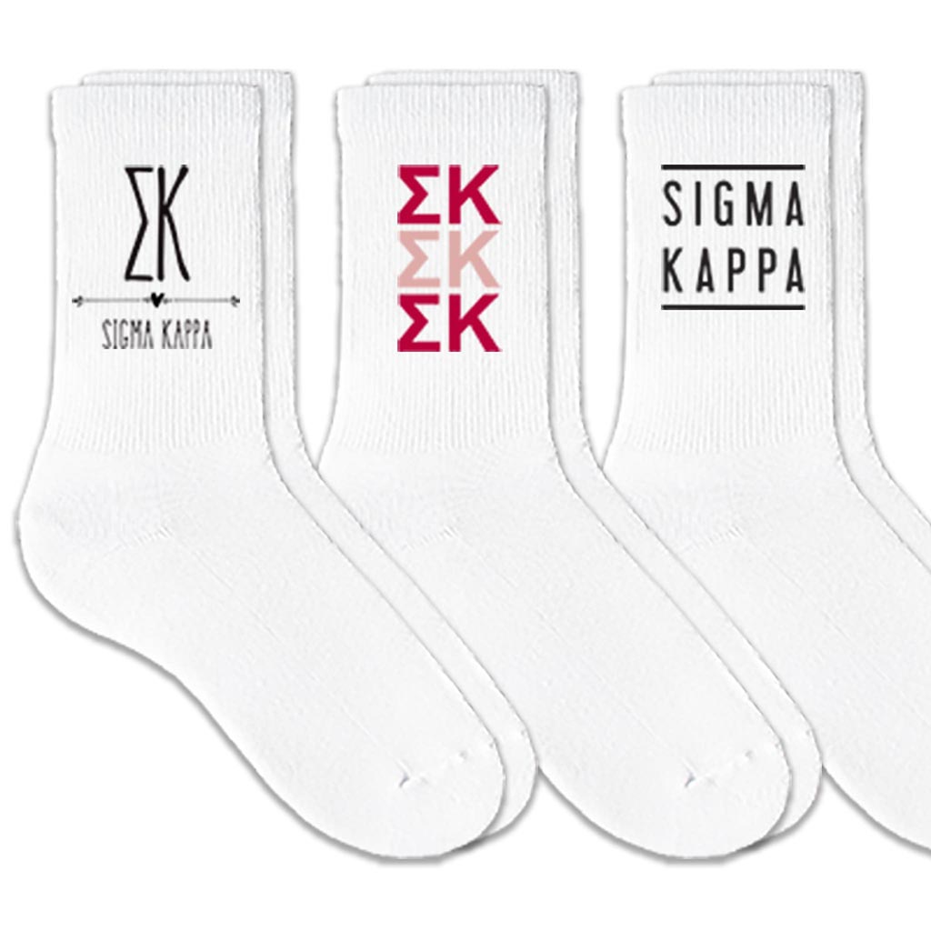 Sigma Kappa best selling sorority crew socks with sorority name and Greek letters sold as a 3 pair sock bundle
