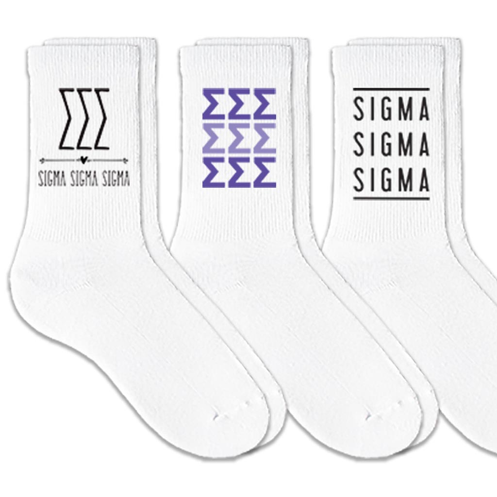 Sigma Sigma Sigma best selling sorority crew socks with sorority name and Greek letters sold as a 3 pair sock bundle