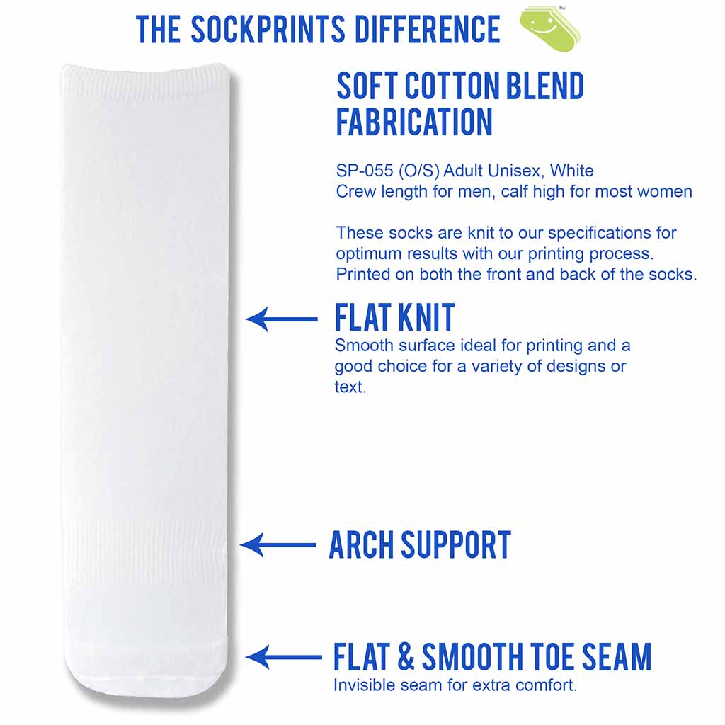 An infographic showing the features of sockprints custom printed cotton socks.