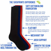 Soft cotton fabrication, flat knit, mesh knit top, arch support, smooth toe seam, half cushion heel through toe sports knee high socks.