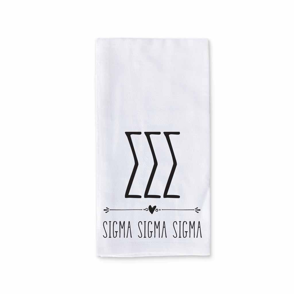 Sigma Sigma Sigma sorority name and letters custom printed with boho style design on white cotton kitchen towel.