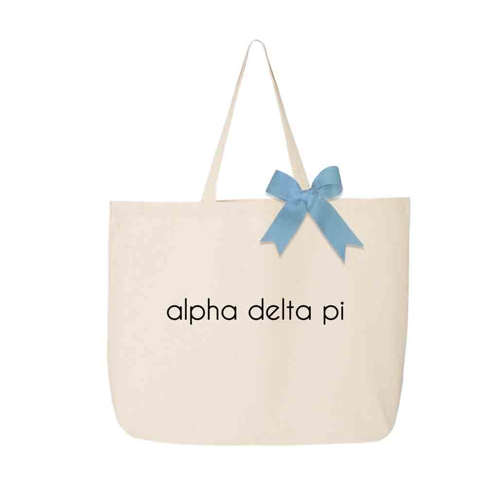 Alpha Delta Pi sorority name custom printed on canvas tote bag with bow