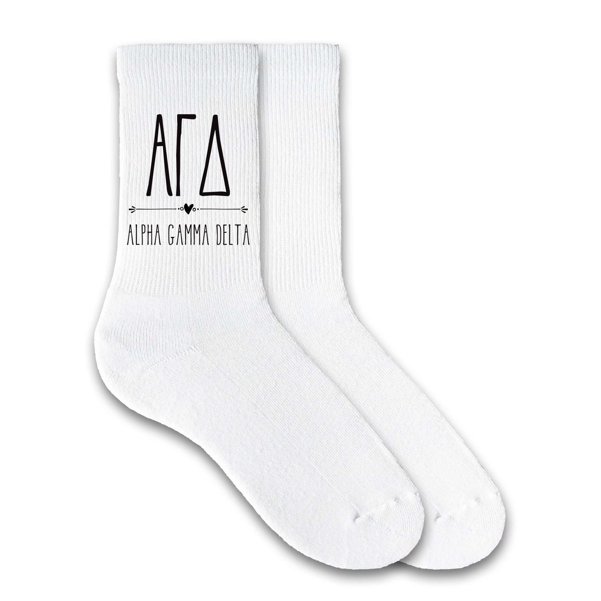 Alpha Gamma Delta sorority name custom printed on white cotton crew socks.