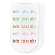 Delta Phi Epsilon sorority name in rainbow letters custom printed on no show socks