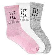 Sigma Sigma Sigma sorority name and letters boho style design digitally printed on crew socks.