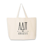 Sorority name and letters custom printed on canvas tote bag.