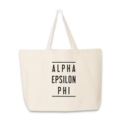 Sorority name in block capital letters with two lines on either side printed on canvas tote bag.