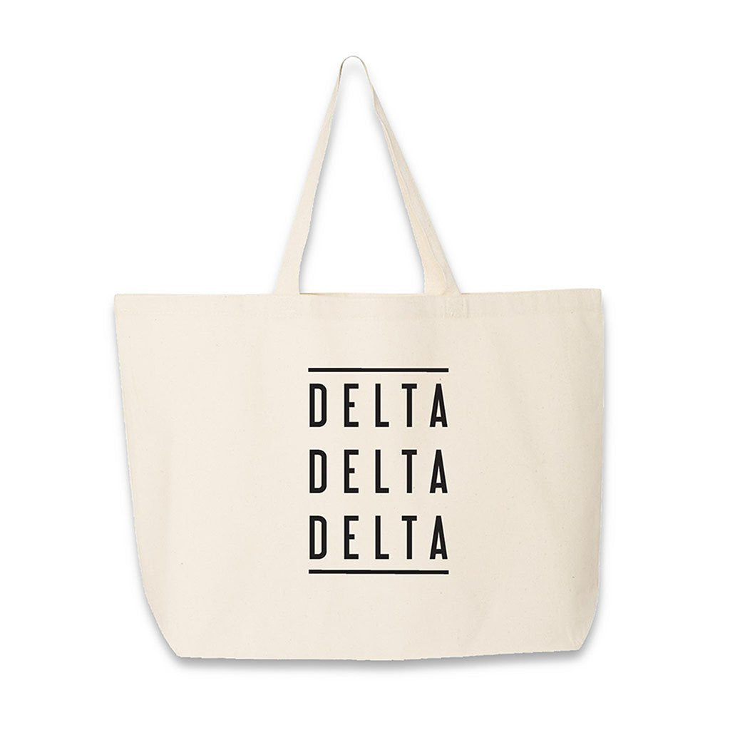 Sorority name in block capital letters with two lines on either side printed on canvas tote bag.