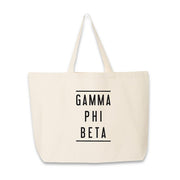 Sorority name in block capital letters with two lines on either side printed on canvas tote bag.