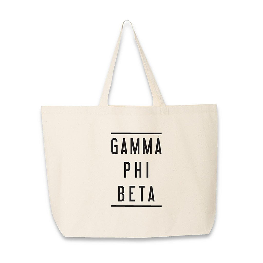 Sorority name in block capital letters with two lines on either side printed on canvas tote bag.