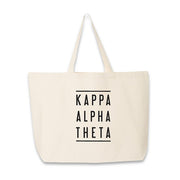 Sorority name in block capital letters with two lines on either side printed on canvas tote bag.