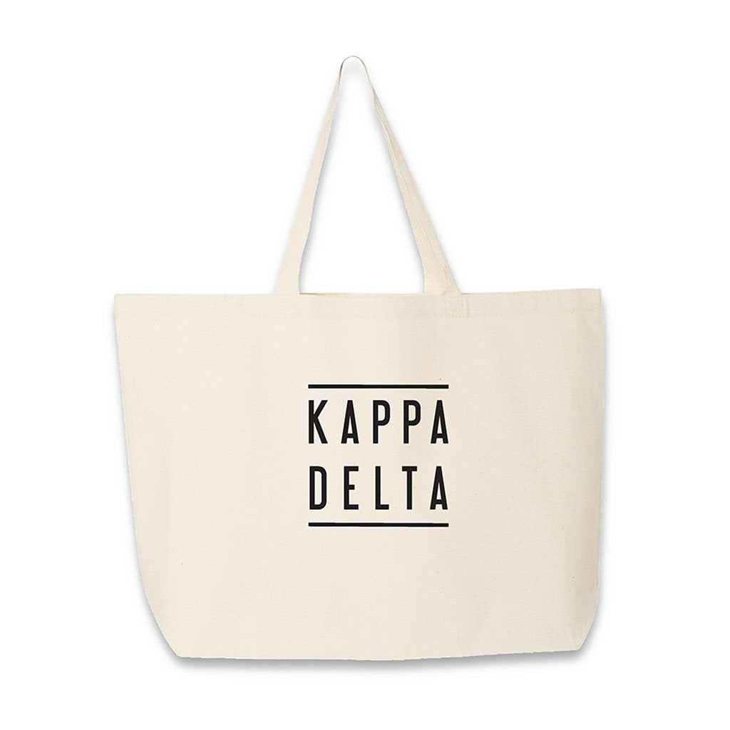 Sorority name in block capital letters with two lines on either side printed on canvas tote bag.