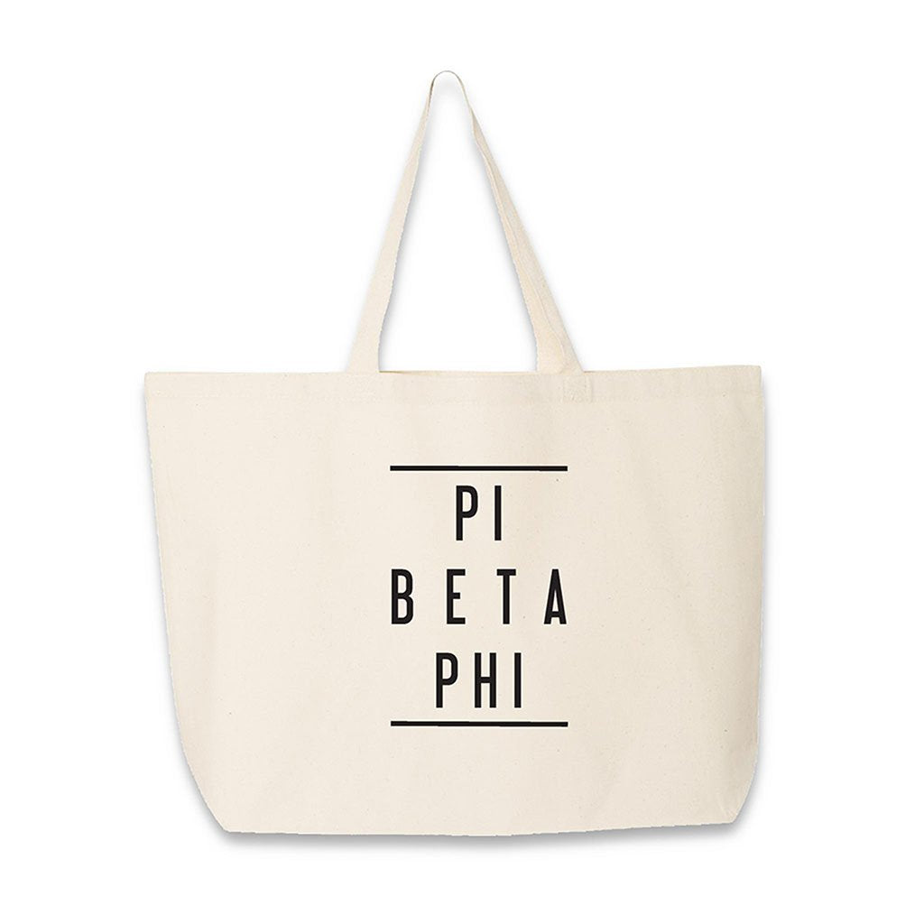 Sorority name in block capital letters with two lines on either side printed on canvas tote bag.
