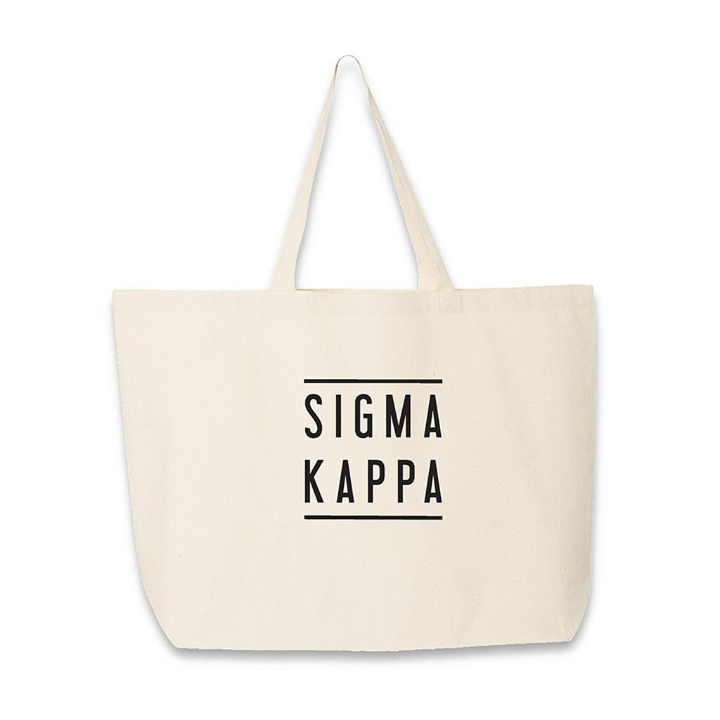 Sorority name in block capital letters with two lines on either side printed on canvas tote bag.