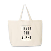 Sorority name in block capital letters with two lines on either side printed on canvas tote bag.