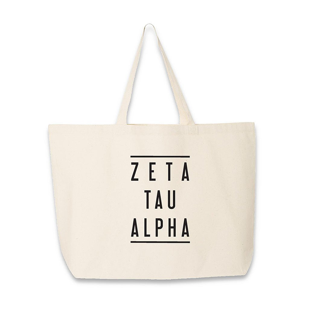 Sorority name in block capital letters with two lines on either side printed on canvas tote bag.