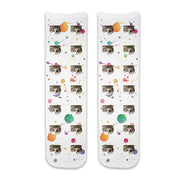 Custom photo face socks personalized using your cats photo printed all over the cotton crew socks with paint splats backbround.