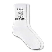 It takes balls to play volleyball design custom printed on white cotton crew socks.