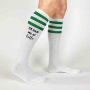 Fun bachelorette party white knee high socks with green stripes digitally printed with he had me at hello and you had me at merlot for your party goers