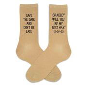Tan dress socks customized and digitally printed for your groomsmen proposal needs