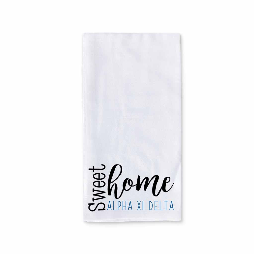 White cotton kitchen towel digitally printed with sweet home Alpha Xi Delta sorority design.
