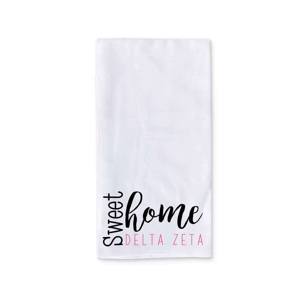 Sweet home Delta Zeta sorority design custom printed on white cotton ringspun cotton kitchen dishtowel.