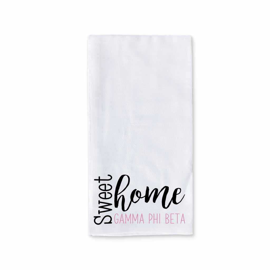 Sweet home Gamma Phi Beta sorority design custom printed on white cotton ringspun cotton kitchen dishtowel.