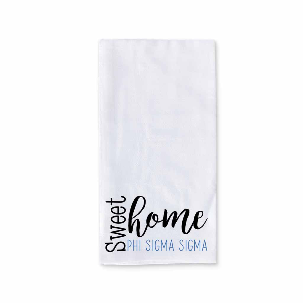 White cotton kitchen towel digitally printed with sweet home Phi Sigma Sigma sorority design.
