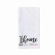 White cotton kitchen towel digitally printed with sweet home Chi Omega sorority design.