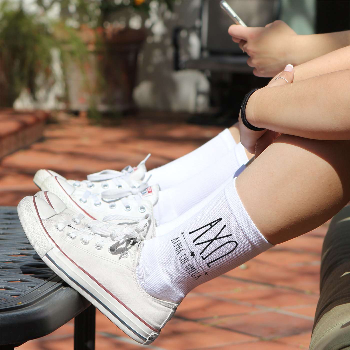 Alpha Chi Omega custom printed greek letters on cute cotton crew socks