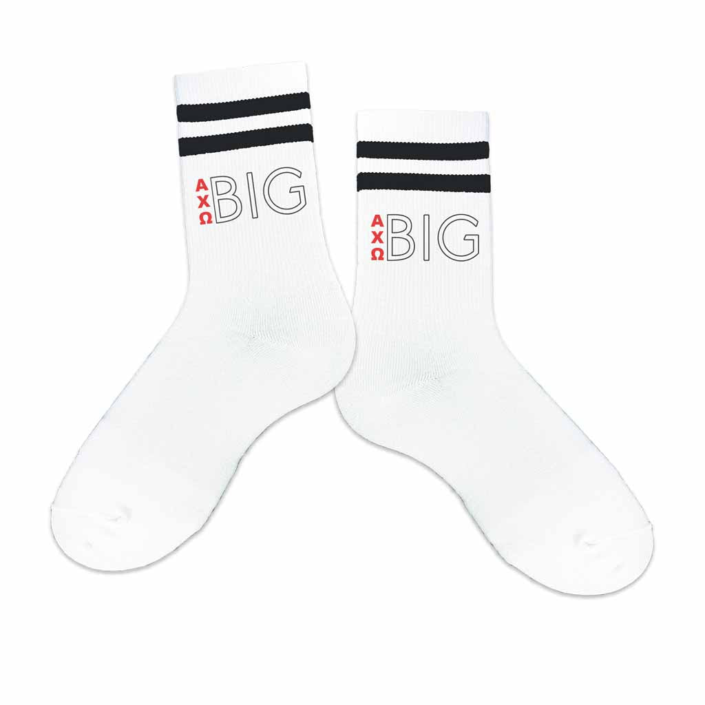 Big or Little design by sockprints custom printed with AXO Greek letters on comfy black striped white cotton crew socks.