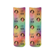 Rainbow wash background design custom printed with cat mom design and personalized using your own photo face cropped into the design digitally printed on short cotton crew socks.