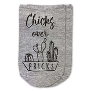 Chicks over pricks custom printed on no show socks.