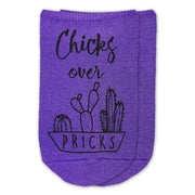 Chicks over pricks custom printed on cotton no show socks.
