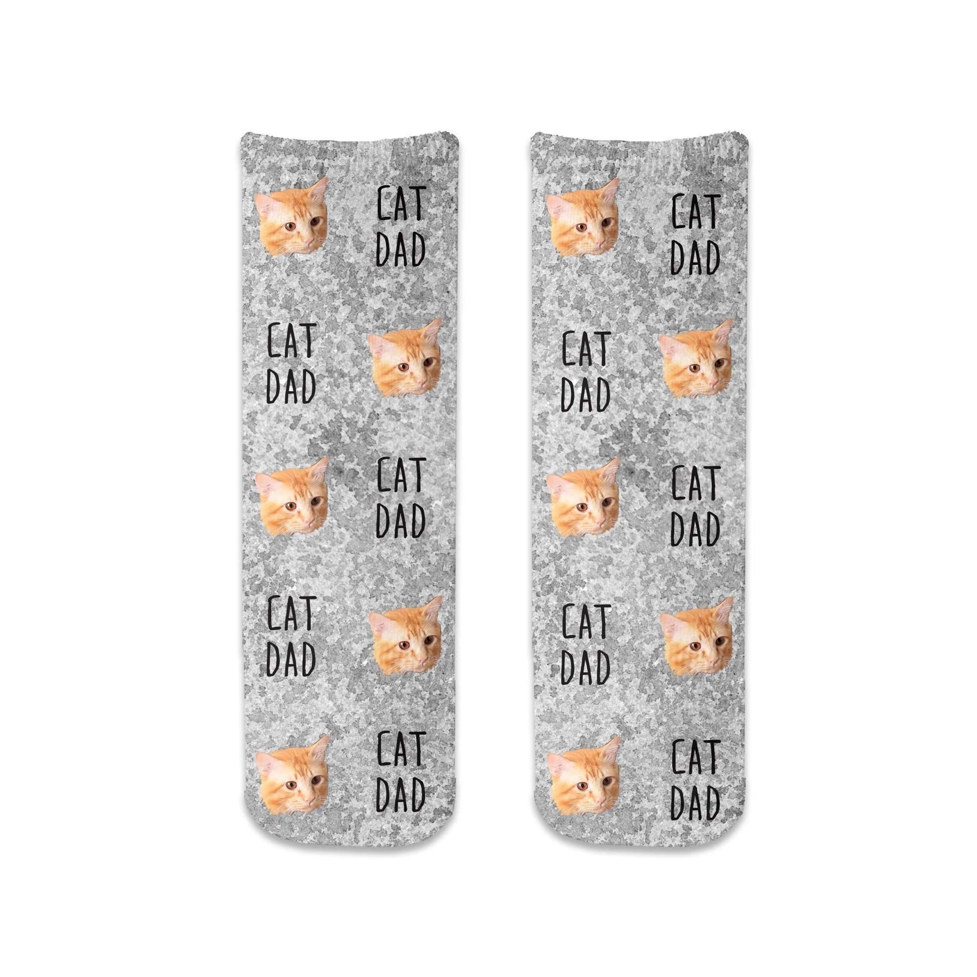 Gray wash background design digitally printed with a photo of your pets face and text digitally printed on short crew socks.