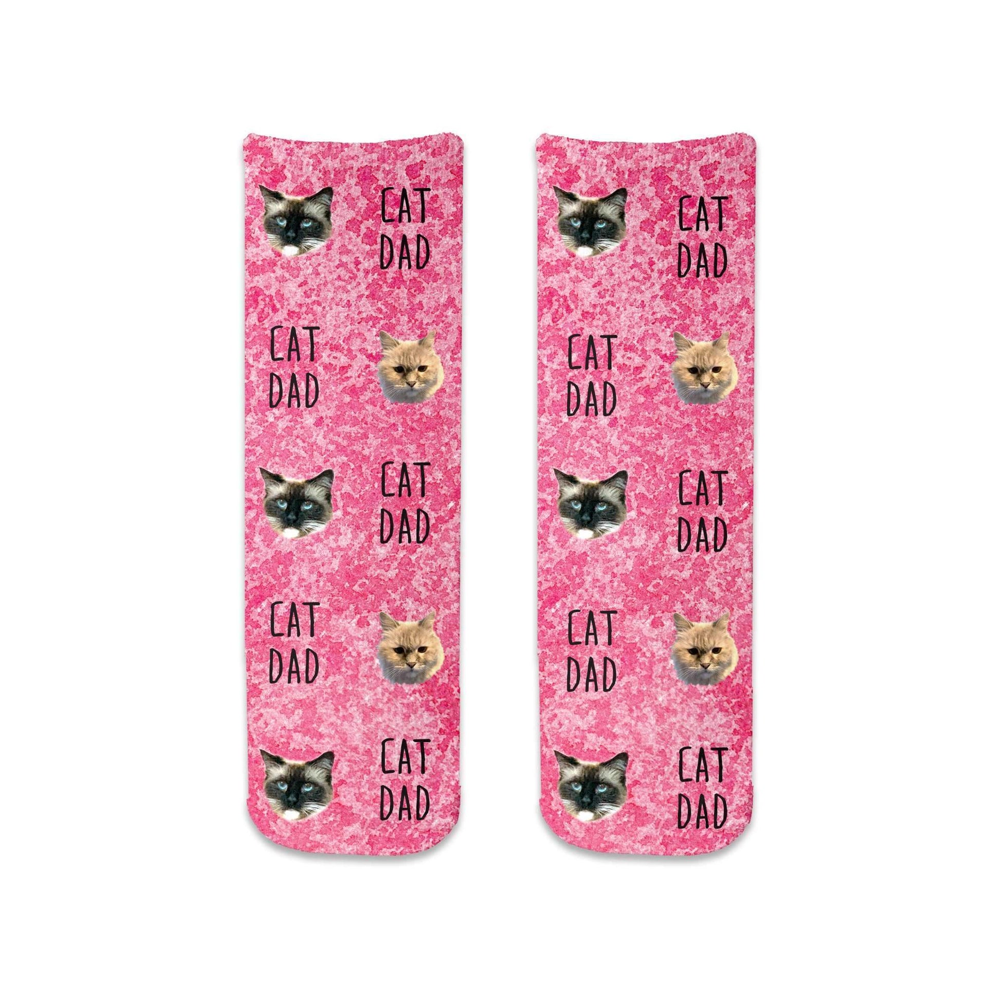 Custom printed photo face socks for the cat Dad with a pink wash background design.