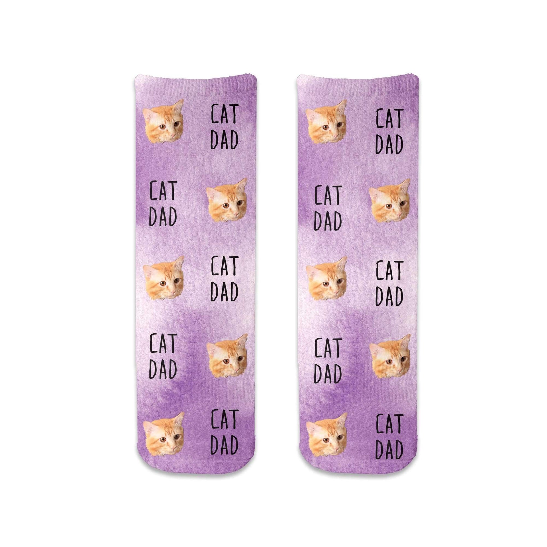 Purple wash background design with your pets face and text digitally printed on short crew socks.