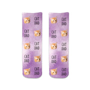 Purple wash background design with your pets face and text digitally printed on short crew socks.