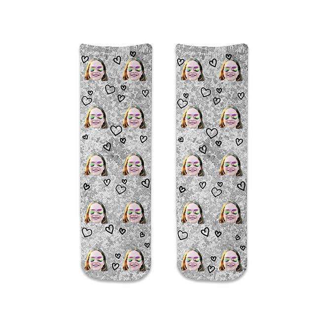 Add your photo to design and create your own custom printed cotton crew socks with all over heart and faces design and light gray speckle background