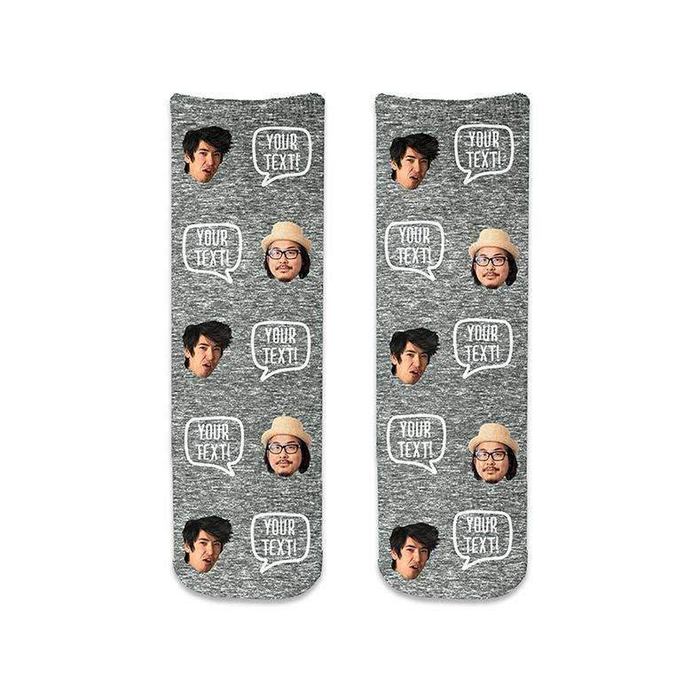 Comfy cotton crew socks custom printed with a gray granular background and personalized using your own photo and text we digitally print in a full printed design on both sides of the socks.